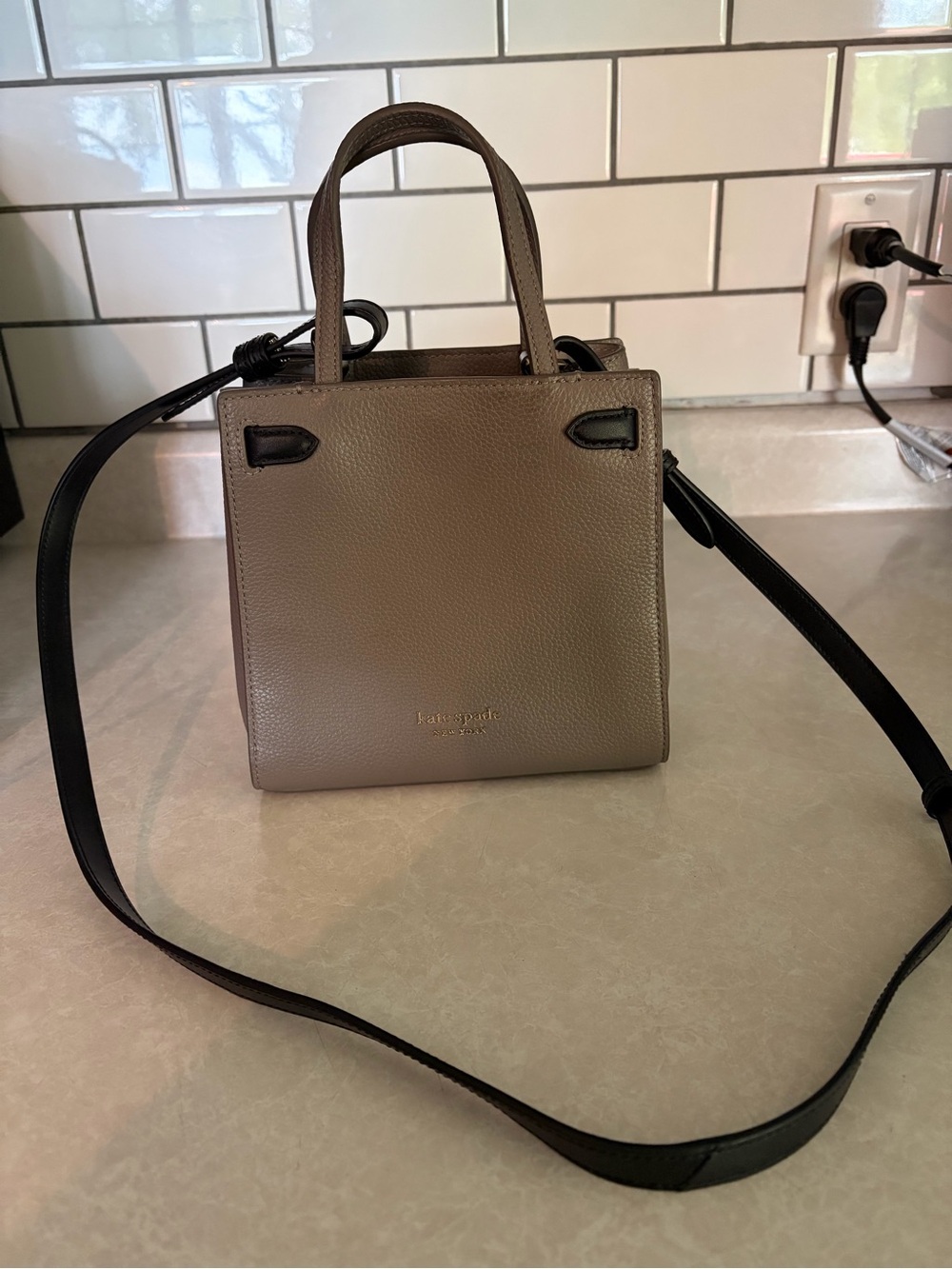 kate spade taupe and black mini satchel with crossbody strap
